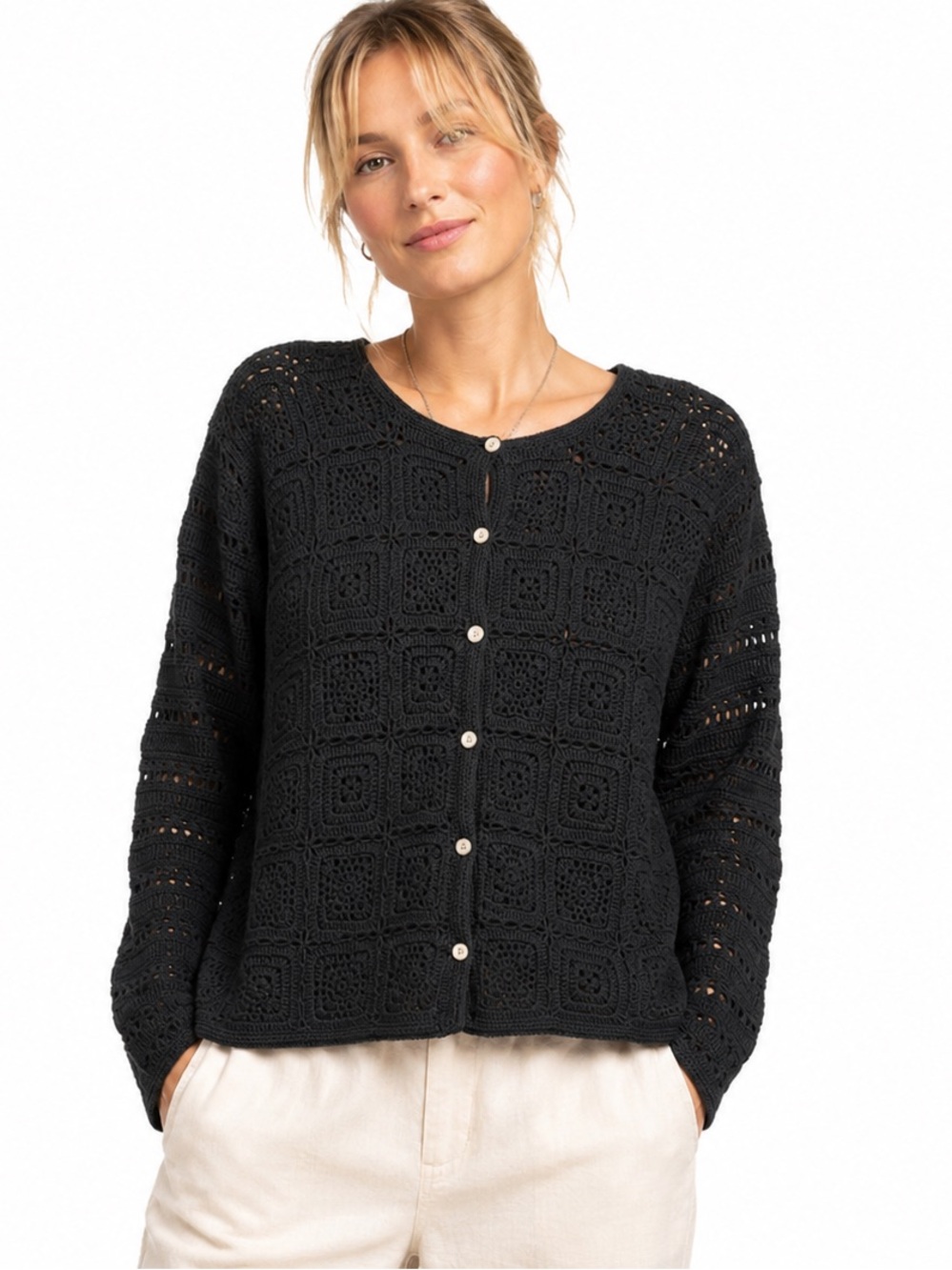 Vintage Marisa Christina Black Crochet Cardigan Granny Square Boho 90s Medium